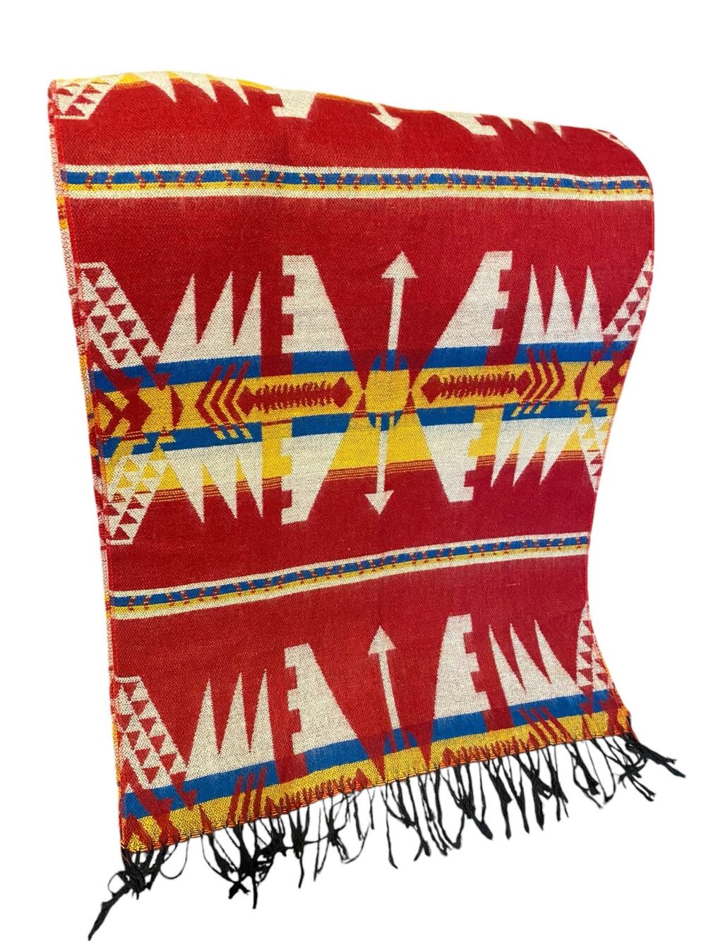 Vintage Aztec Scarf with Fringe Unisex Red Yellow Size in Pictures Decor